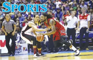  ?? PBA ?? Import Renaldo Balkman (right) posted 23 points and 16 rebounds to usher San Miguel Beermen into the 2018 Commission­er’s Cup Finals by beating Alaska Aces during their semifinal series on Sunday, July 22.