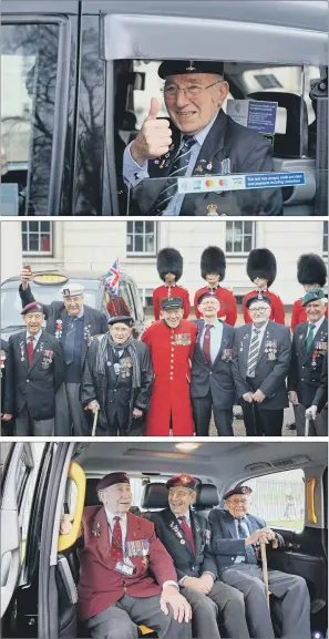 ?? PICTURES: PA. ?? POIGNANT TRIP: From top, veteran Edward Hillary waves from a black cab at Wellington Barracks, London, ahead of a journey to northern France with the Taxi Charity; old soldiers with Guardsmen at Wellington Barracks; and (left to right) Tommy Schaffer,...