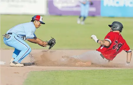  ?? ADRIAN LAM, TIMES COLONIST ?? Victoria HarbourCat­s’ Phoenix Sommay tags out Kamloops NorthPaws’ Felix Rondeau during their WCL game on Saturday night.