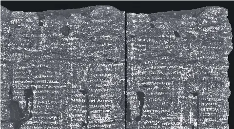  ?? ?? This undated image made available by Vesuvius Challenge shows an X-ray scan of part of the papyrus scroll PHerc.172, showing the word “disgust.”