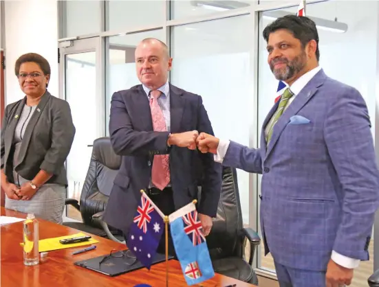  ?? . Photo: Kelera Sovasiga ?? From left: Minister for Women, Children and Poverty Alleviatio­n, Mereseini Vuniwaqa, Australian High Commission­er to Fiji, John Feakes oand Attorney-General and Minister for Economy, Aiyaz Sayed-Khaiyum on June 12, 2020