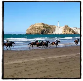  ??  ?? Live action at the 2020 Castlepoin­t beach races.