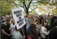  ?? BEBETO MATTHEWS — THE ASSOCIATED PRESS ?? Google employees, who walked off the job to protest the internet company’s lenient treatment of executives accused of sexual misconduct, leave after attending a protest rally on Thursday in New York. Employees staged walkouts at offices from Tokyo to Singapore to London.