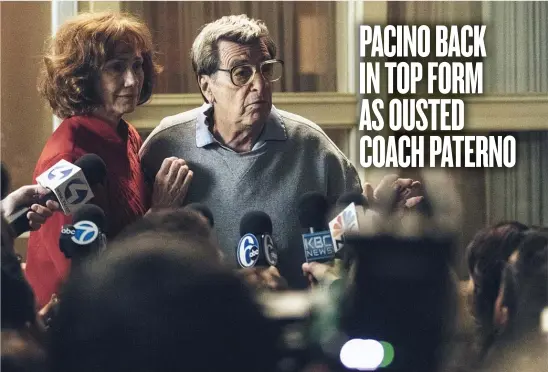  ??  ?? While his wife Sue ( Kathy Baker) is horrified by sex abuse allegation­s against her husband’s former assistant, the coach ( Al Pacino) just seems befuddled in “Paterno.” | HBO