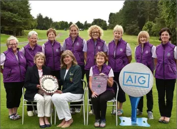  ??  ?? Yvonne MacSweeney (Chairperso­n, Mid Leinster District, I.L.G.U.) presenting Denise Dunne (lady Captain, Wexford) with the Challenge Cup after their victory in Wexford on Saturday. Also in the picture in front is Breda Devoy (team manager). Back (from...