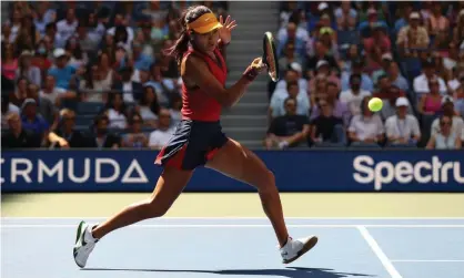  ?? Photograph: Elsa/Getty Images ?? Emma Raducanu was forced to stretch and lunge at times against Belinda Bencic but won in straight sets.