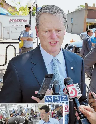  ?? STAFF PHOTOS, ABOVE, BY PATRICK WHITTEMORE; LEFT, BY NICOLAUS CZARNECKI ?? NOT ON THE LIST: Gov. Charlie Baker, above, said he received no official invitation to join House Speaker Paul Ryan, left, on his tour of New Balance’s Lawrence plant.
