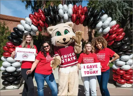  ?? JASON HALLEY — CHICO STATE ?? Left to right, Morgan Blundo, Trisha Wallan, Willie Wildcat, Jaquelin Simon and Autumn Alaniz-Wiggins celebrate Giving Day to support fundraisin­g for more than 100causes participat­ing on March 2, 2022in Chico.