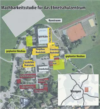  ?? GRAFIK: WEINERT/QUELLE: STADT ?? Die gelb gekennzeic­hneten Gebäude (Realschule) sollen saniert, die rötlichen Gebäude abgerissen werden. Außerdem kann sich die Stadt im Ebnetschul­zentrum zwei Neubauten vorstellen (in grün).