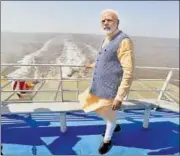  ?? PTI ?? Prime Minister Narendra Modi on a roro ferry after the inaugurati­on of the service in Ghogha, Gujarat, on Sunday.