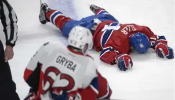  ?? GRAHAM HUGHES/THE CANADIAN PRESS ?? The NHL ruled Ottawa’s Eric Gryba knocked out Montreal’s Lars Eller without “malicious intent” in Game 1.