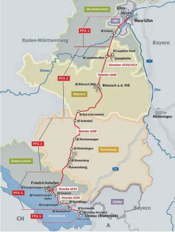  ?? GRAFIK: DEUTSCHE BAHN AG ?? Auf rund 125 Kilometern wird die Bahnstreck­e zwischen Ulm und Lindau elektrifiz­iert.