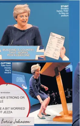  ??  ?? CUTTING Fake form mocks May’s record STUNT Brodkin hands ‘P45’ to May on podium