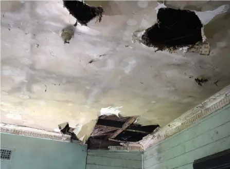  ??  ?? The damaged and leaking ceiling of Meena Khan’s house in Samabula, Suva. Ronald Kumar
