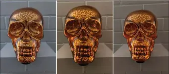  ??  ?? The Pixel 4 XL (left) was the only camera that wasn’t tricked into shifting the colour on the wall, but it also didn’t capture the vividness of the skull like the iPhone 11 (centre) and Pixel 3 XL (right)