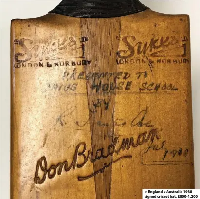  ??  ?? England v Australia 1938 signed cricket bat, £800-1,200
