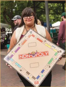  ??  ?? 6. Ashley Lynn Browning holds her Ndn-opoly board.