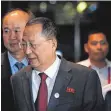  ?? FOTO: AFP ?? Nordkoreas Außenminis­ter Ri Yongho (vorne) hat das Angebot aus Südkorea kritisiert.
