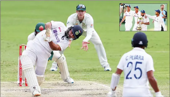  ??  ?? India’s Rishabh Pant hits the ball for six runs during play on the final day of the fourth cricket Test between India and Australia at the Gabba, Brisbane, Australia, Jan 19. Inset: Pant carries the trophy as he celebrates with his teammates after defeating Australia by three wickets on the final day of the fourth cricket Test at the Gabba, Brisbane, Australia. India won the Test series 2-1. (AP)