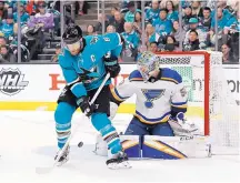  ?? JOSIE LEPE/ASSOCIATED PRESS ?? St. Louis Blues goaltender Jordan Binnington (50) makes a save against Joe Pavelski in the first period of Game 5 of the NHL Western Conference finals in San Jose.