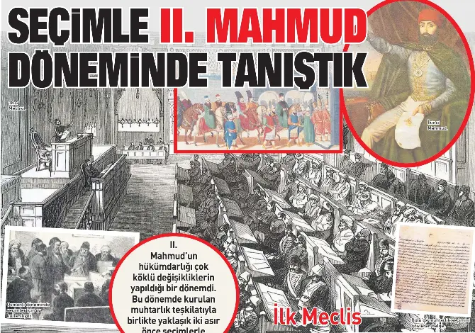  ??  ?? 1877 Meclisi. Osmanlı döneminde seçimler için oy kullanılıy­or. İkinci Mahmud. Bolu’da muhtarlık seçimini gösteren belge.