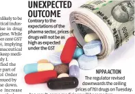  ??  ?? Contrary to the expectatio­ns of the pharma sector, prices of drugs will not be as high as expected under the GST GST RATE: 12% NPPA ACTION The regulator revised downwards the ceiling prices of 761 drugs on Tuesday. As a result, some medicines will...
