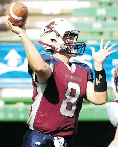  ?? MICHAEL BELL/Leader-Post files ?? Regina Thunder quarterbac­k Asher Hastings overcame the setbacks brought on by a broken collarbone in August of 2012,
to ultimately lead his team to its first PFC title on Sunday.