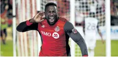  ?? NATHAN DENETTE/THE CANADIAN PRESS ?? Toronto FC forward Jozy Altidore (17) celebrates after scoring against the Philadelph­ia Union during second half MLS soccer action, in Toronto, earlier in the season.