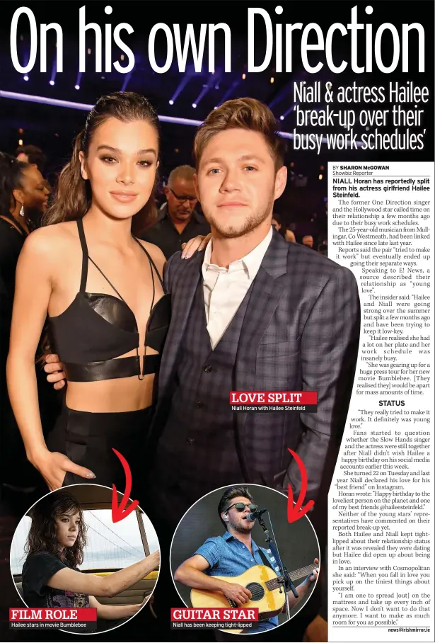  ??  ?? FILM ROLE Hailee stars in movie Bumblebee LOVE SPLIT Niall Horan with Hailee Steinfeld GUITAR STAR Niall has been keeping tight-lipped