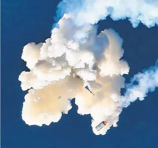  ?? JOE BURBANK/ORLANDO SENTINEL ?? At the moment of the abort maneuver, the rescue tower for the Orion test capsule can be seen falling, with the Minotaur 4 booster, bottom, during the Ascent Abort-2 mission Tuesday at Cape Canaveral Air Force Station. NASA launched the capsule to demonstrat­e the abort tower, designed to ferry astronauts to safety in the event of a launch failure. Orion will be NASA’s first vehicle since the space shuttle to carry astronauts, with plans for crewed missions to the moon and Mars.