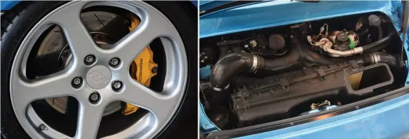  ??  ?? Left: Ruf five-spoke wheel is one of the all time great alloy wheel designs. Below: Engine looks externally stock, but there’s enough going on out of sight to boost power to 515bhp
