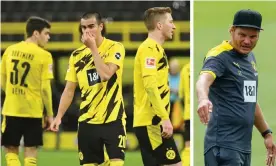  ??  ?? Dortmund’s players look dejected during the 5-1 home defeat by Stuttgart which prompted the club to install Edin Terzic (right) as caretaker manager until the season’s end. Composite: Reuters/Getty Images