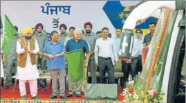  ?? ANI ?? Punjab CM Bhagwant Mann and his Delhi counterpar­t and AAP chief Arvind Kejriwal flagging off a Volvo bus from the ISBT, Jalandhar, to Delhi’s Indira Gandhi Internatio­nal Airport on Wednesday.