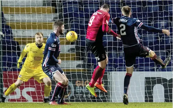  ??  ?? Never too late: Boyd gets up to head a dramatic leveller for the Ayrshireme­n after they had trailed County 2-0 at the interval