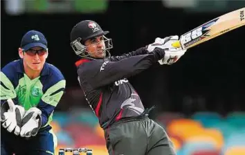  ?? AFP ?? Memorable knock UAE batsman Shaiman Anwar plays a shot on the way to a century in his team’s Pool B match against Ireland at the Gabba stadium in Brisbane on Wednesday.
