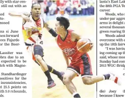  ??  ?? Barangay Ginebra San Miguel’s Scottie Thompson, right, prepares to make his move against San Miguel Beer’s Chris Ross in Sunday’s PBA Governors’ Cup game at the Smart Araneta Coliseum. The Ginebra Kings, without Greg Slaughter, Japeth Aguilar and several others, won 110-102. (PBA Images)