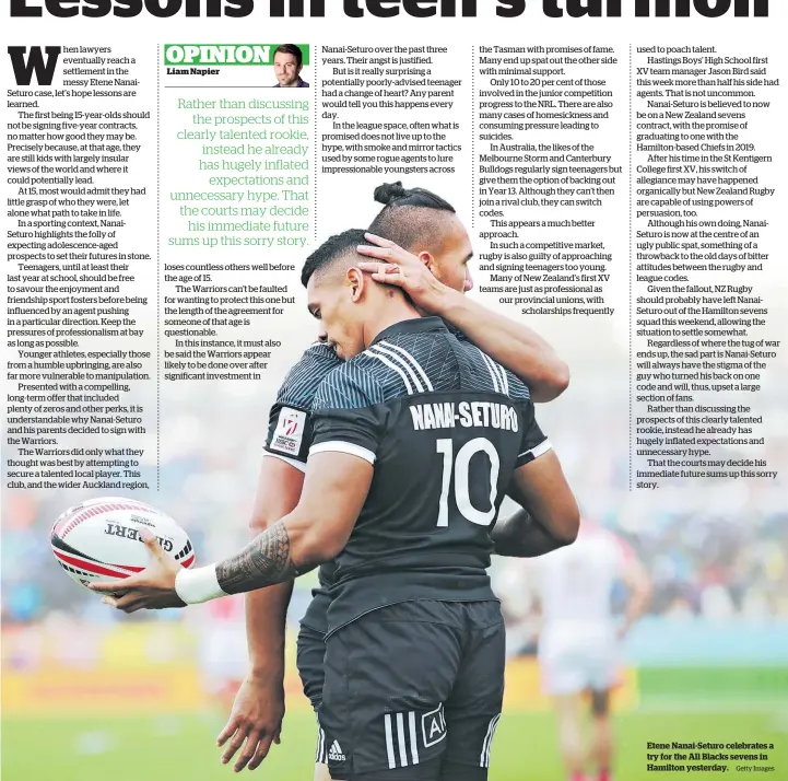  ?? Getty Images ?? Etene Nanai-Seturo celebrates a try for the All Blacks sevens in Hamilton yesterday.