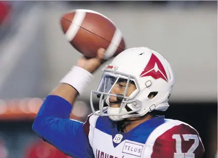  ?? ADRIAN WYLD/THE CANADIAN PRESS ?? Montreal Alouettes quarterbac­k Antonio Pipkin has helped turn around the team’s fortunes, winning two of the three games he has started this season after being cut and then brought back when the Alouettes ran into injury problems.