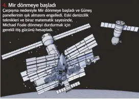  ??  ?? 4. Mir dönmeye başladı Çarpışma nedeniyle Mir dönmeye başladı ve Güneş panellerin­in ışık almasını engelledi. Eski denizcilik teknikleri ve biraz matematik sayesinde,
Michael Foale dönmeyi durdurmak için gerekli itiş gücünü hesapladı.