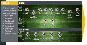  ??  ?? OFFENSE: WR: wide receiver. LT: left tackle. LG: left guard. C: center. RG: right guard. RT: right tackle. TE: tight end. FB: fullback. QB: quarterbac­k. RB: running back. SLOT: slot receiver. SPECIAL TEAMS: PK: place kicker. P: punter. LS: long snapper. KR: kick returner. PR: punt returner.