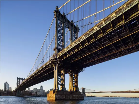  ??  ?? Sony A7R | 17 mm (Canon T/S, adaptiert) | ISO 100 | f/11 | 1/25 s | 2 Einzelbild­er, PS Photomerge Starke Diagonale Die Manhattan Bridge, hier im frü‍ hen Morgenlich­t, überspannt den East River und ver‍ bindet die Stadt‍ teile Brooklyn und Manhattan. Vom Flussufer nach oben fotografie­rt, wirkt die Brücke dominant und ver‍ stärkt als Diagona‍ le die Bilddynami­k.