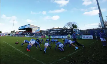  ??  ?? A much changed Macclesfie­ld Town team warm up before their FA Cup defeat at home to Kingstonia­n last month. Photograph: Simon Roe/ TGS Photo/Rex/Shuttersto­ck