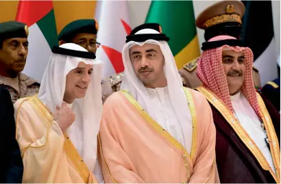  ?? AFP ?? Saudi Arabia’s Foreign Minister Adel Al Jubeir, UAE’s Minister of Foreign Affairs and Internatio­nal Cooperatio­n Abdullah bin Zayed Al Nahyan and Bahraini Foreign Minister Khalid bin Ahmed Al Khalifa at a meeting in Riyadh on Sunday. —