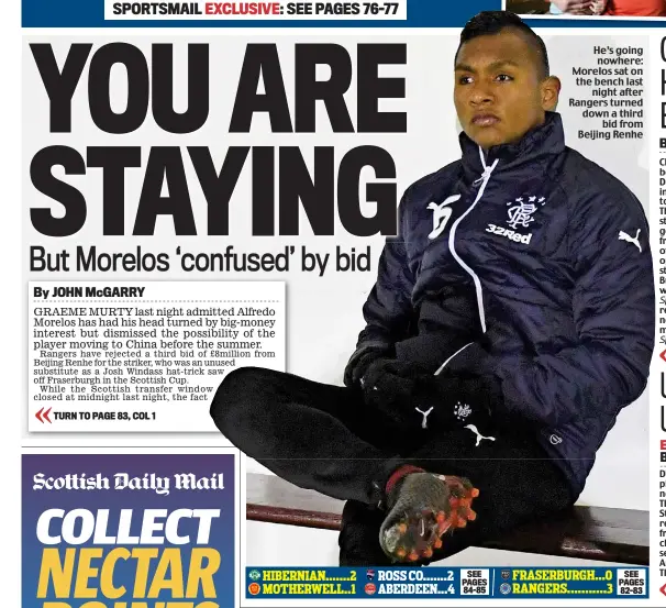  ??  ?? He’s going nowhere: Morelos sat on the bench last night after Rangers turned down a third bid from Beijing Renhe