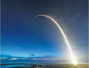  ?? RED HUBER/STAFF PHOTOGRAPH­ER ?? A SpaceX Falcon 9 rocket launches just before dawn Friday from Launch Complex 40 at Cape Canaveral Air Force Station, carrying supplies to the Internatio­nal Space Station.