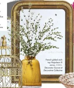  ??  ?? French gilded arch top Napoleon III mirror, £485, Decorator Source at Decorative Collective LEFT Small hanging bird cage, £24.95, Trouva. ABOVE LSA Internatio­nal pleat vase in Amber, £34, John Lewis.