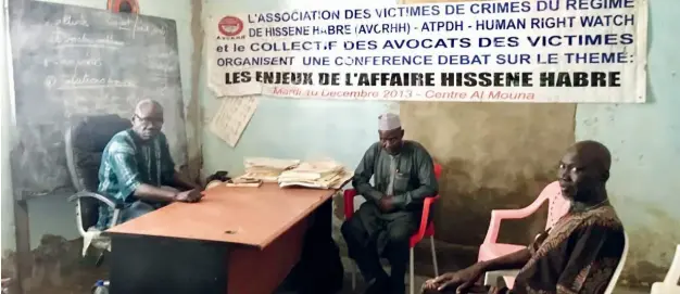  ?? Thomson Reuters Foundation/Inna Lazareva ?? Clément Abaifouta, president of the Chadian Victims’ Associatio­n of the Crimes of Hissène Habré’s Regime, Ousmane Taher, the associatio­n’s liaison officer, and Jean Kovounsoun­a, secretary general are pictured at the group’s headquarte­rs in N’Djamena,...