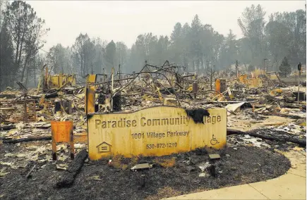  ?? John Locher ?? The Associated Press A sign at a community destroyed by the Camp Fire stands Tuesday in Paradise, Calif. The blaze is now the deadliest in California history.