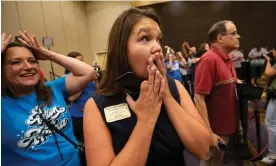  ?? Photograph: Evert Nelson/USA Today Network/Reuters ?? State representa­tive Stephanie Clayton (D-Overland Park) reacts to the news that voters supported reproducti­ve rights.