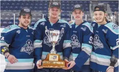  ??  ?? Quatre joueurs du Blizzard d’Edmundston orginaires du Nord-Ouest: Jeff Akerley (Saint-Léonard), Alex Lavoie (Saint-Basile), Pierre Bourgoin (Grand-Sault) et Tristan Mercure (Saint-Basile). - Collaborat­ion spéciale: Olivier Chiasson